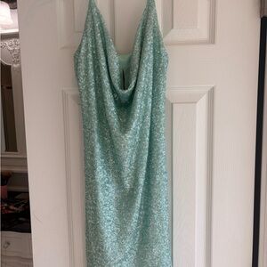 Susana Monaco Mint Sequin Cowl Neck Prom Dress